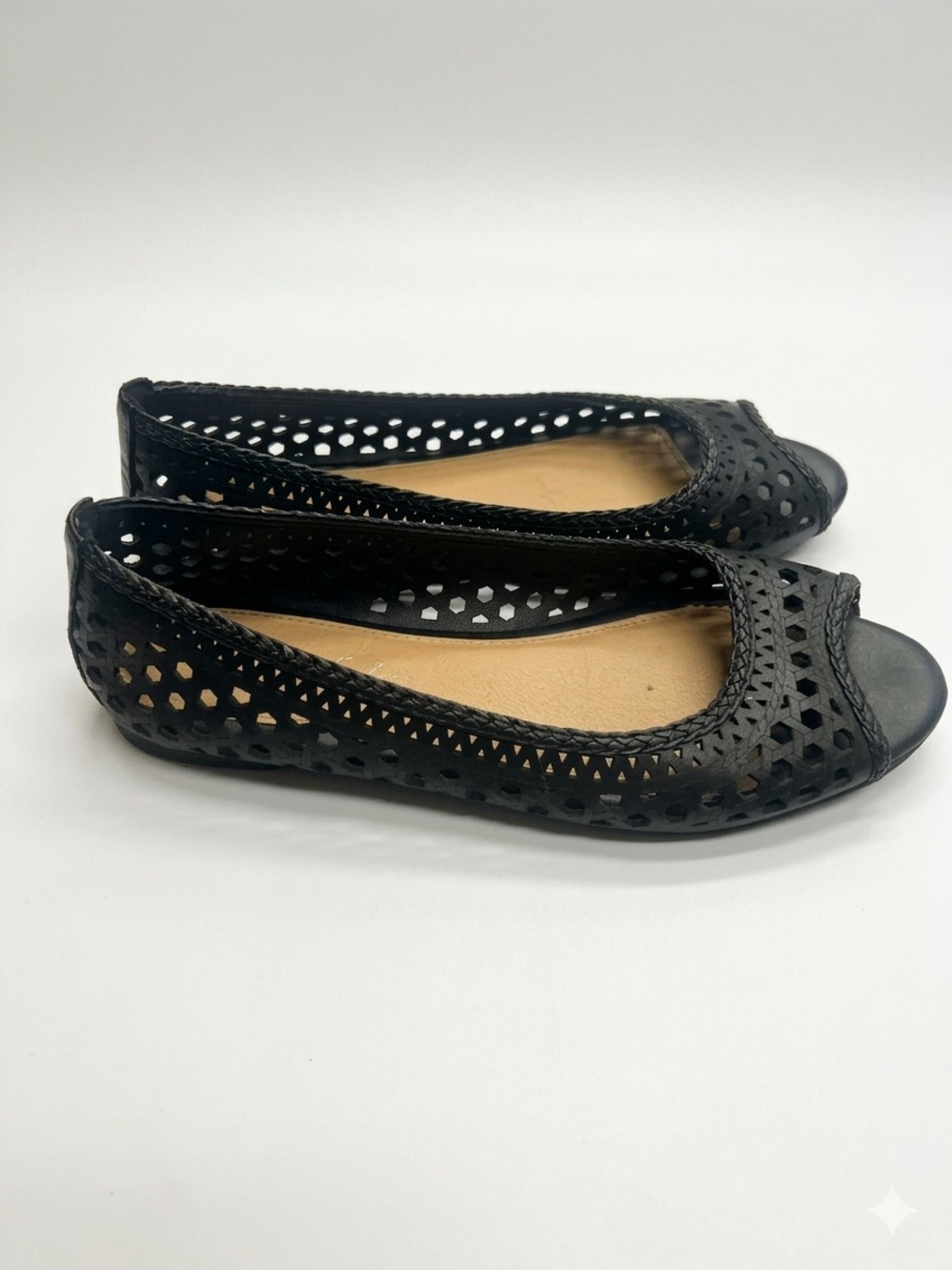 American Eagle Black Laser Cutout Peep Toe Ballet Flats Slip On Shoes Size 8